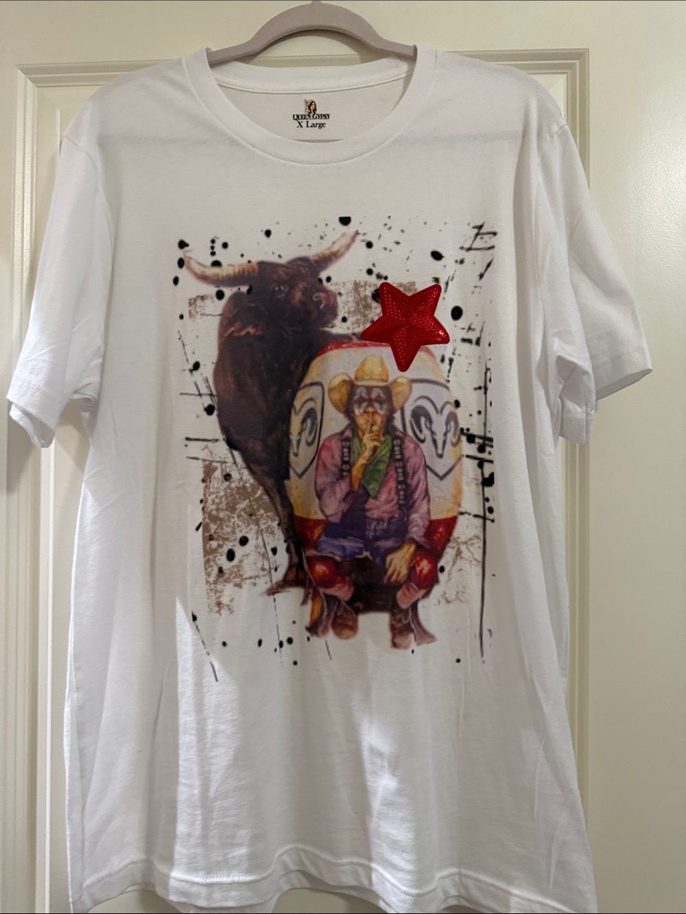 Rodeo Clown & Bull White Graphic Short Sleeve Tee with bling